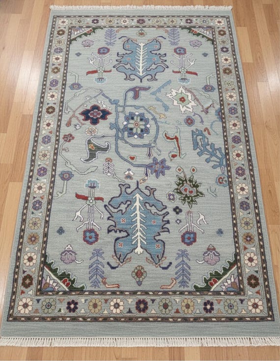 Light Blue Medallion Floral Oushak Rug, Hand Knotted Oriental Wool Rugs for Living Room