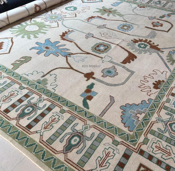Soft Creamy Beige and Muted Green Turkish Oushak rug 4x6, 5x8, 6x9, 8x10, 9x12 Handmade Wool Rugs for Living Room, Bedroom area rug 10x14