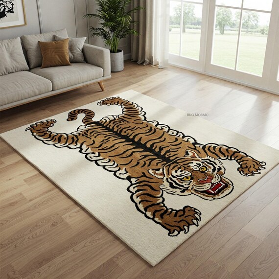 Hand Tufted Tiger Art Rug Dark Stripes Black, Off-white Background Tiger Design Animal Print Wool Rugs for Living room, Bedroom Area Rug 6x9