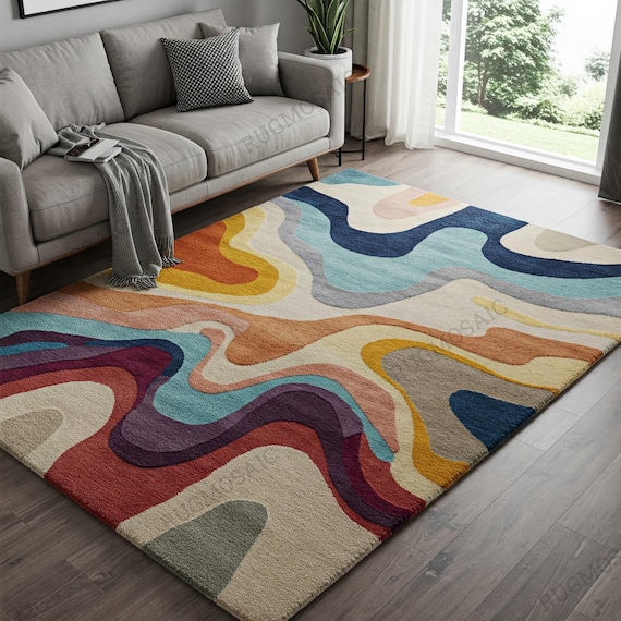 Multicolor Abstract Swirling Design Hand Tufted Wool Area Rugs for Living Room, Modern Organic Shaped 6x9 Kids Room Rug, Custom Bedroom Rugs