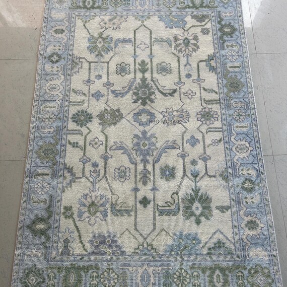 Handmade Oushak Muted blues, greens, and creams Tones Turkish Oushak Area Rug Living room 5x8, 6x9, 8x10 Traditional Floral Oushak Carpet