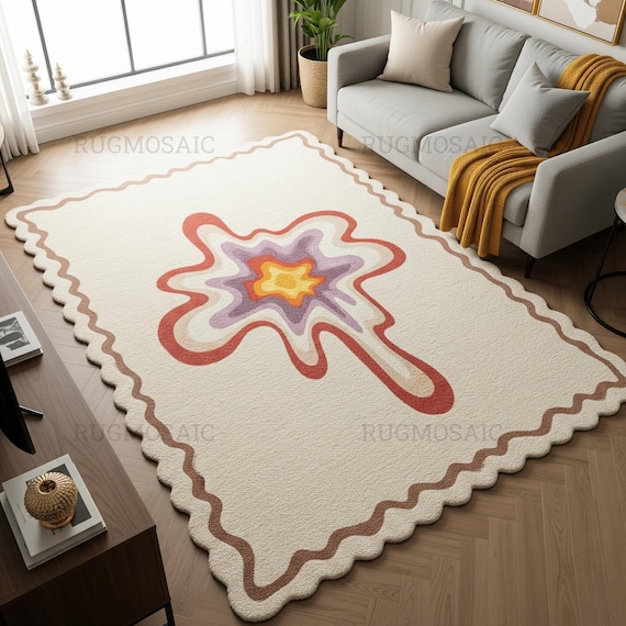 Off White Scalloped Border Colorful Abstract Hand Tufted 6x9 Kids Room Rug, Modern Organic Shape Custom Wool Area Rugs for Living Room 8x10