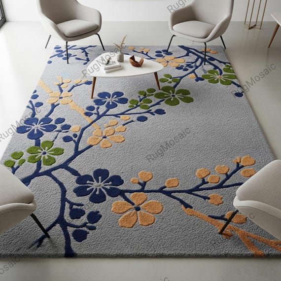 Gray Floral Hand Tufted Rugs For Living Room, Modern Colorful Botanical Rugs, 8x10 Bedroom Area Wool Carpet, Customizable Indoor Rugs