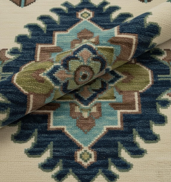 Hand Knotted Wool Oushak Rug, Ivory Floral Medallion, Blue Green Oriental Area Rug