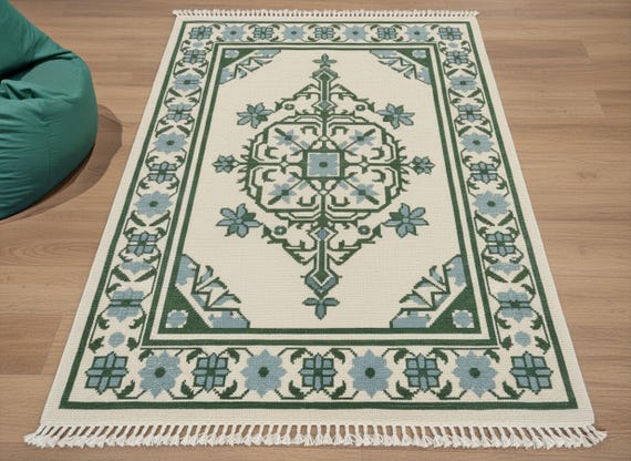 Off White Forest Green Oushak Wool Rug, Blue Accent Floral Hand Knotted 5x8 8x10 9x12 Area Rugs For Bedroom, Custom Handmade Runner Rug