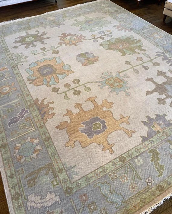 Green Modern Oushak Rug Beautiful Beige Area Rug Pastel Color Rug Hand Knotted Wool Rugs Home and Living Dining Bedroom 8x10, 9x12
