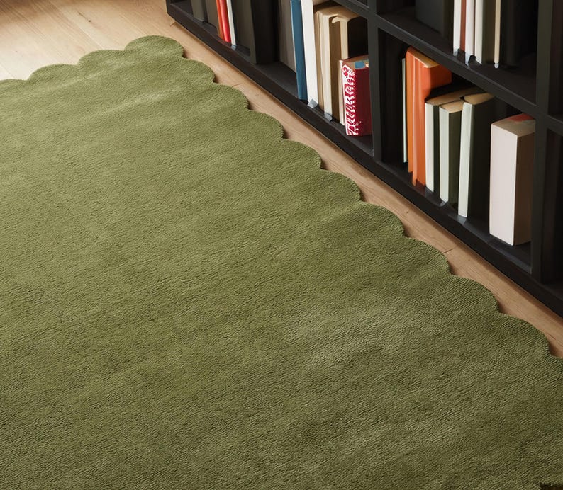 Olive Green Wool Rug, Modern Hand Tufted Scalloped Area Rugs - Etsy