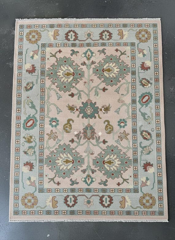 Blush Pink Turkish Oushak Rug, Hand Knotted Colorful Floral Wool Rugs for Living Room