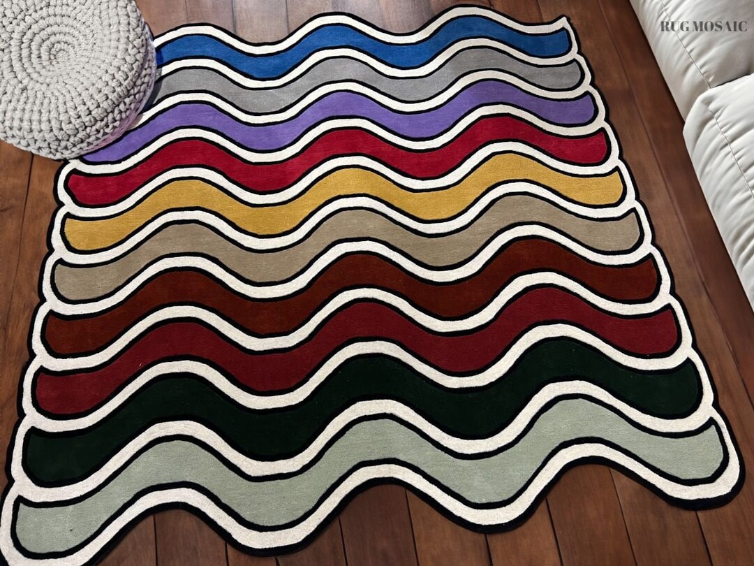 Hand-tufted Area Rug Colorful Rainbow Striped Waves Multicolored 100% ...