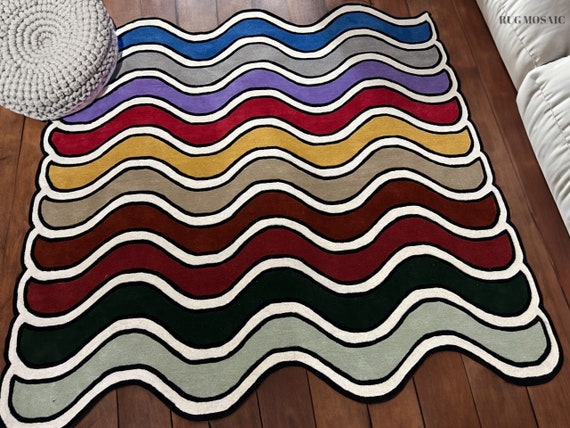 Hand-Tufted Area Rug Colorful Rainbow Striped Waves Multicolored 100% Wool Irregular Shape Rug Suitable for Living Room and Bedroom