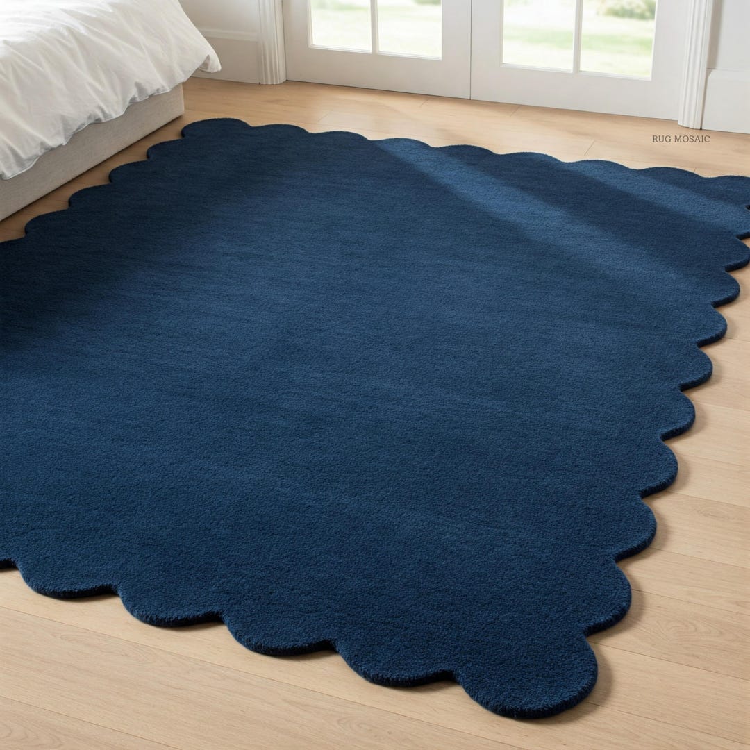 Navy Blue Scalloped Wool Rug, Hand Tufted Solid Area Rugs for Bedroom ...