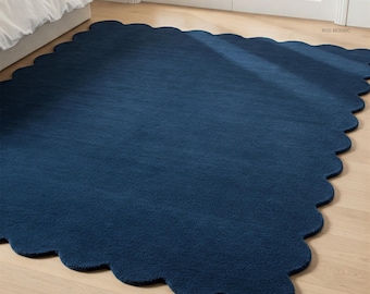 Navy Blue Scalloped Border Hand Tufted Rug for Living room 9x12, 8x10 Handmade Area Wool Rugs for Bedroom, Hallway, Dining Kitchen Runner