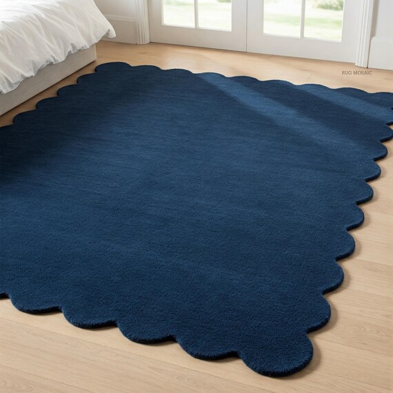 Navy Blue Scalloped Border Hand Tufted Rug for Living room 9x12, 8x10 Handmade Area Wool Rugs for Bedroom, Hallway, Dining Kitchen Runner