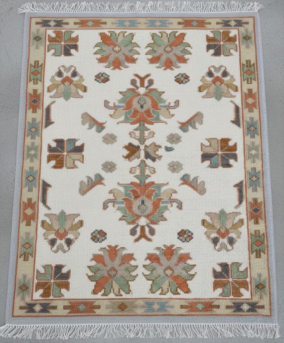 Off White Colorful Floral Oushak Rug, Hand Knotted Geometric Medallion Wool Rugs for Bedroom