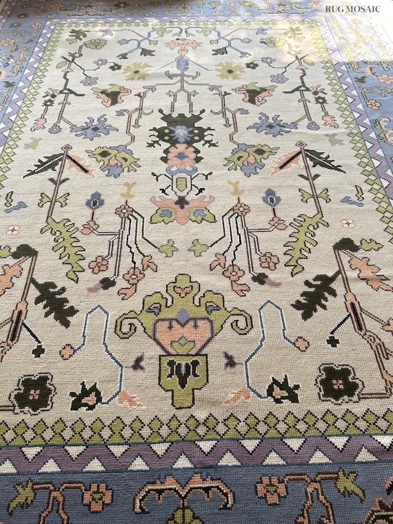 Green Modern Oushak Rug Beautiful Beige Area Rug Pastel Color Rug Hand Knotted Wool Rugs Home and Living Dining Bedroom 8x10, 9x12