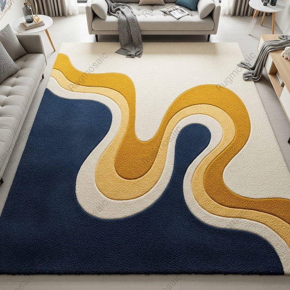 Navy Blue Yellow Abstract Hand Tufted Textured Wool Area Rugs for Bedroom, Modern Wavy Design Contemporary Living Room Rug, Soft Warm Carpet