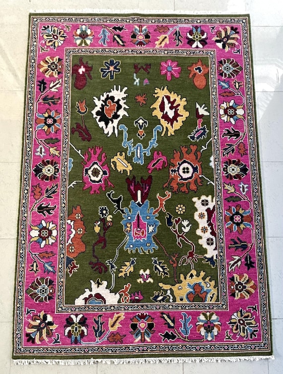 Pink Border Vibrant Green, Yellow, Blue and Red Accents Handmade Turkish Knot Modern Oushak Rug Floral Design Wool rugs for Living room 9x12