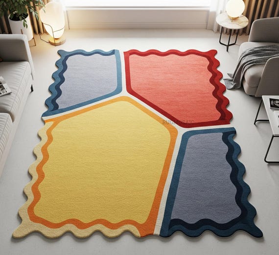 Modern Retro Wavy Edge Irregular Hand Tufted Yellow Blue Red Organic Shaped Kids Room Rug, Abstract Soft Wool Area 6x9 8x10 Living Room Rug