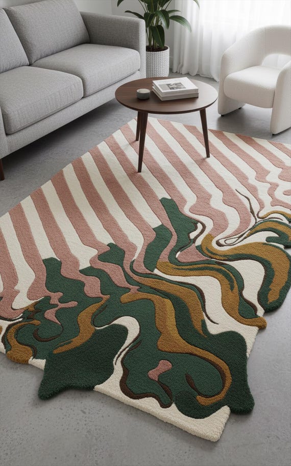 Off White Pink Hand Tufted Striped Rug, Modern Melitng Wool Area Rugs for Bedroom
