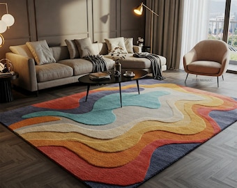 Colorful Abstract Hand Tufted Wool Rug, Mid Century Modern Handmade Rugs for Living Room