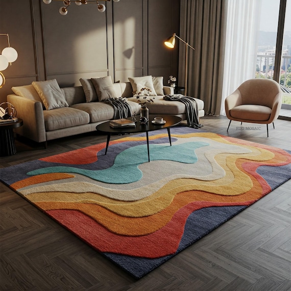 Modern Abstract Tufted Rug Irregular Shape Textured Warm Colors Orange Yellow Brown Cream Area Rug Living room 9x12 Handmade rugs Bedroom