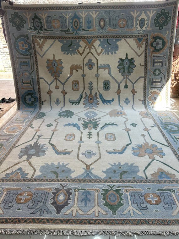 Modern Custom Oushak Rug Muted Blue, off White Green Accent Floral Handmade Area Rugs 8x10, 9x12 Living Room, Bedroom