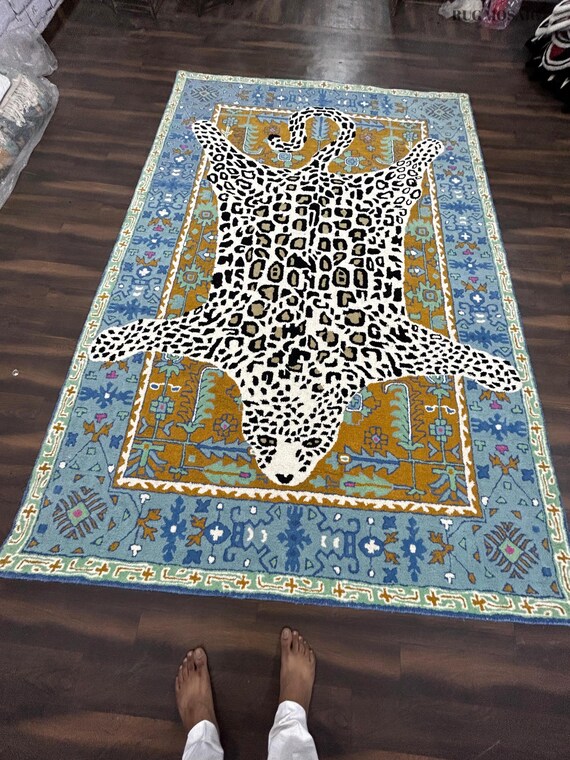 Tiger Pattern Pop Art Rug, Rugs for Your Living Room,Modern Art Decorative Hand Tufted  Area Rug 8x10 Blue and Green/White