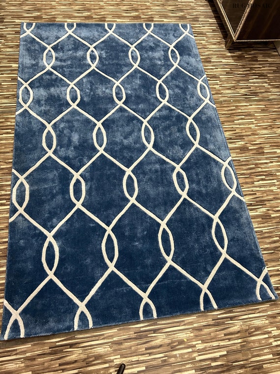 Modern Hand tufted geometrical design blue silk rug for living room area rugs 8x10, 9x12, 10x14