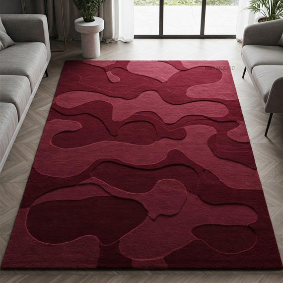 Handmade Soft deep red tufted rug Modern abstract textured area rug for living room 5x8, 8x10, 9x12 custom large Contemporary wool rugs