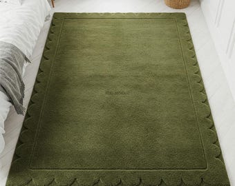 Solid Olive Green Wool Rug, Modern Hand Tufted Scalloped Area Rugs for Bedroom