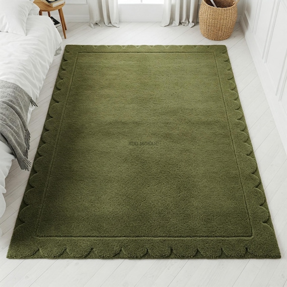 Solid olive green tufted rug with scalloped border Handmade area wool rug for bedroom, living room 8x10, 9x12 Modern minimalist green rug