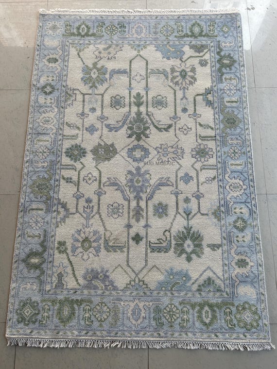 Ivory Light Blue Hand Knotted Rug, Sage Green Oushak Floral Wool Rugs for Bedroom