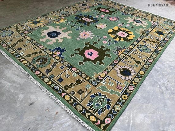 Sage Green Hand Knotted Oriental Oushak Rug For Bedroom, Traditional Handmade 8x10 9x12 Living Room Carpet, Custom Unique Rugs For Kitchen