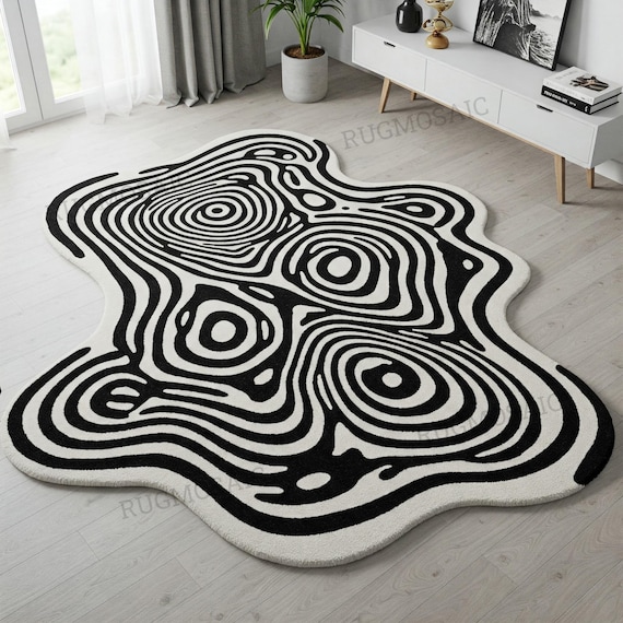 Black White Irregular Shape Abstract Wavy Textured Hand Tufted Wool Rug for Kids Room, Modern Illusion Design Custom Area 8x10 Bedroom Rugs