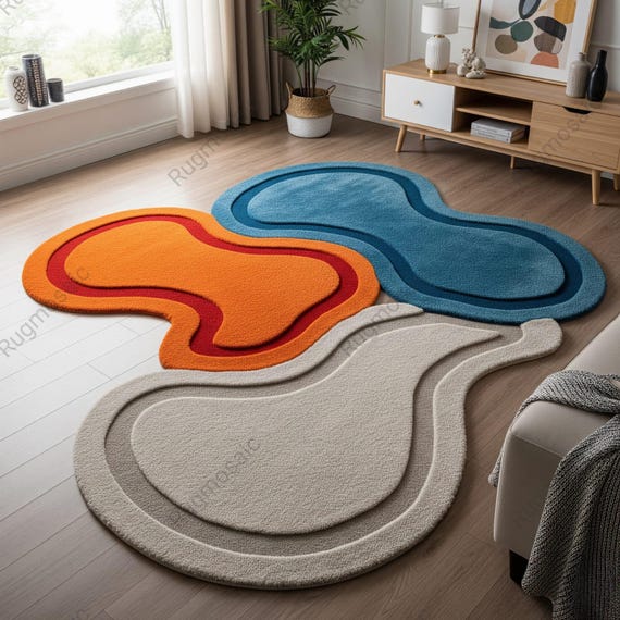 Off White Orange Blue Irregular Abstract Hand Tufted Rugs for Kids Room, Modern Contemporary Home Decor Rug, Custom Size Handmade Carpets