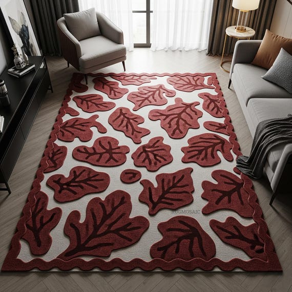 Off White Red Leaf Wavy Border Hand Tufted Low High Texture Bedroom Wool Rug, Modern Contemporary Unique Design Custom Area Living Room Rugs