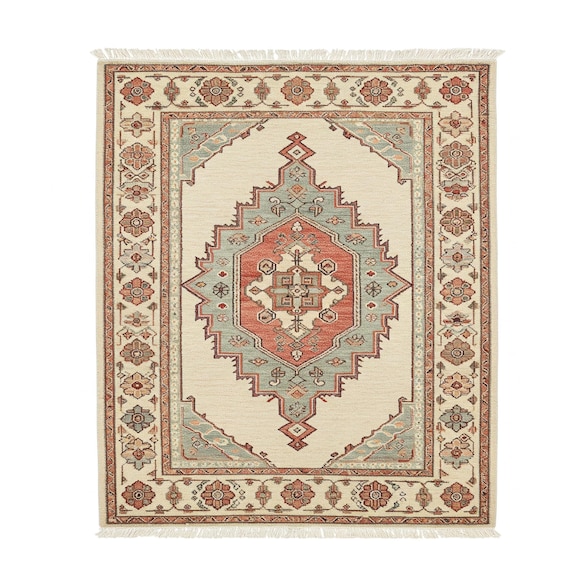 Hand Knotted Modern Oushak Rug Beige Coral Soft Pastel Color Wool Rug for Living Room 9x12 Contemporary Turkish Style Oushak Geometric Rug