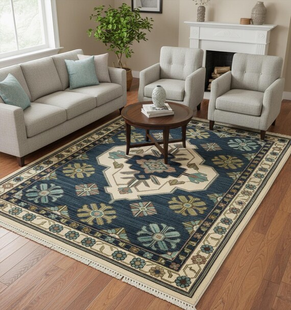 Hand Knotted Oushak Wool Rug, Navy Blue Floral Medallion Area Rug