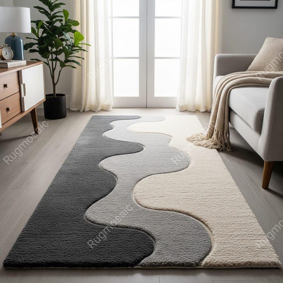 Off White Grey Abstract Hand Tufted High Low Pile Textured Wool Area Rugs for Bedroom, Modern Wavy Eco Friendly Sculpted Kitchen Runner Rug