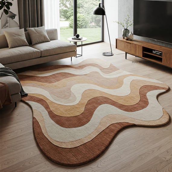 Earth Tone Irregular Shape Tufted Rug Unique Design Modern Wavy Rugs for Living Room 8x10, 9x12 Handmade Custom Area Tufted Abstract Rug