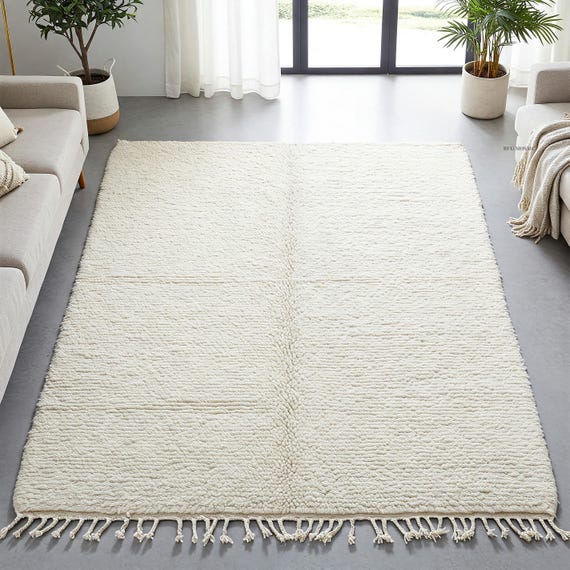 Solid White Moroccan handmade Beni Ourain Wool Rug Large Area Rugs for Living Room 9x12 Minimalist Chic Berber Plush Textured Bohemian Rug
