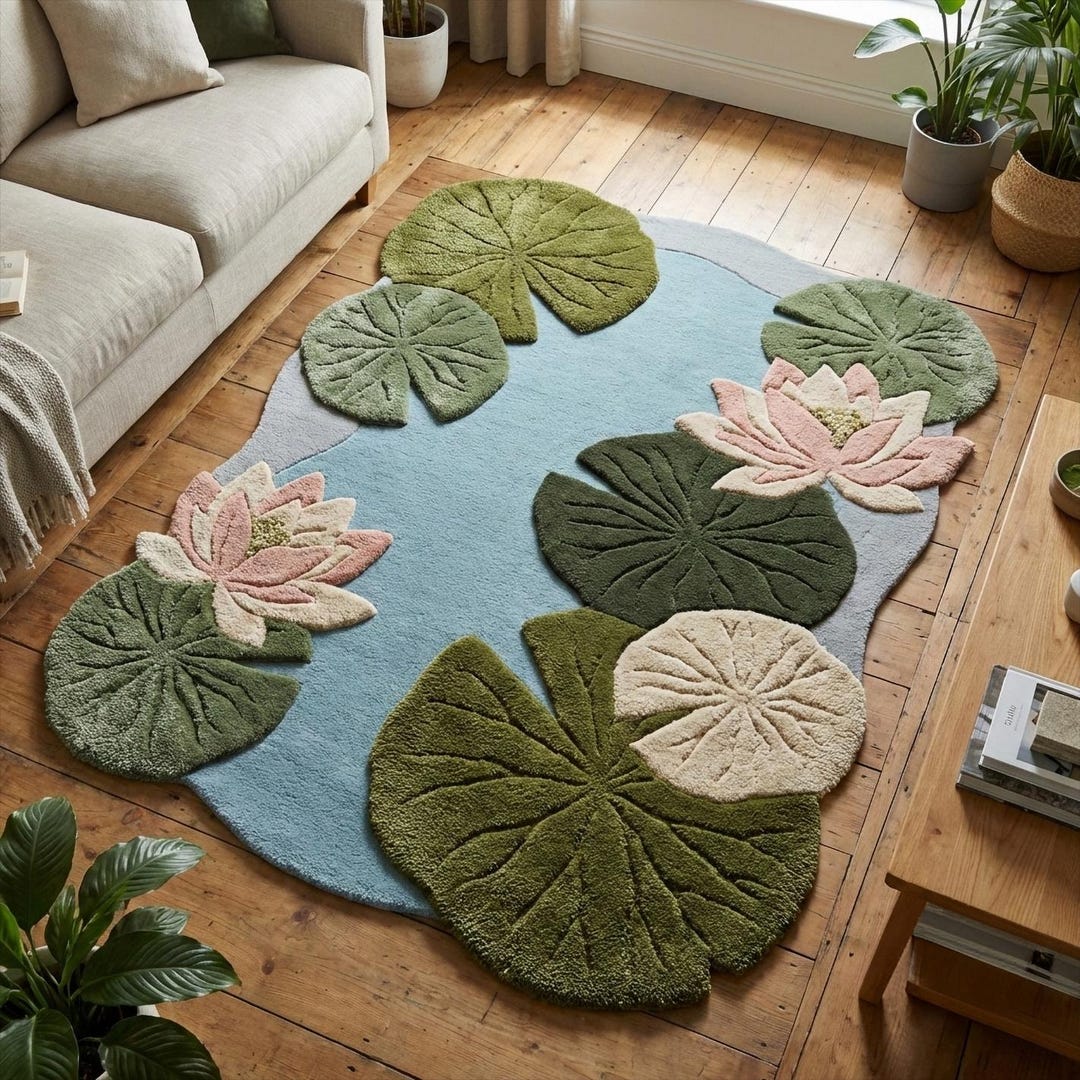 Lily Rug Moss Green Blue Lily Pad Wool Rug, Floral Hand Tufted 3D Textured Area ...