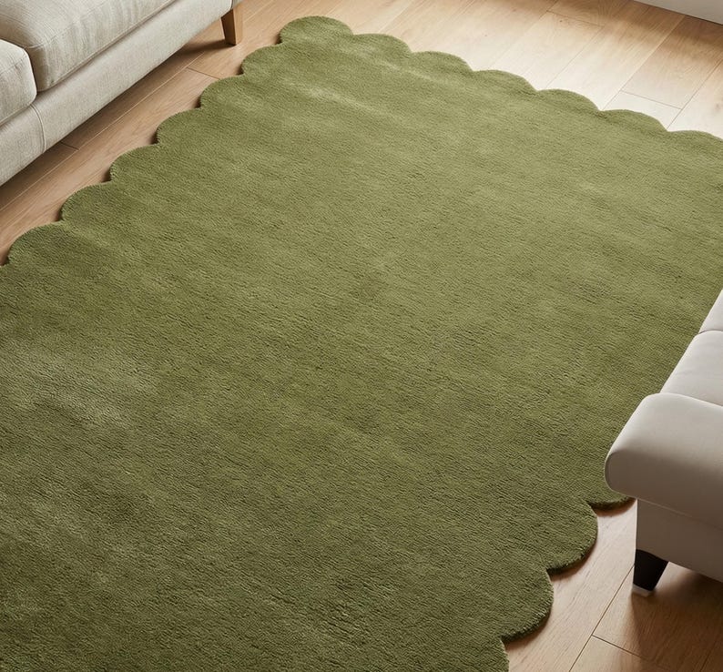Olive Green Wool Rug, Modern Hand Tufted Scalloped Area Rugs - Etsy