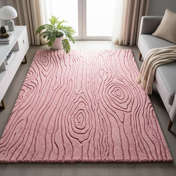 Pink Abstract Hand Tufted Wood Grain Design Wool Area Rugs for Bedroom, Modern High Low Texture 8x10 Living Room Rug, Soft Handmade Carpet