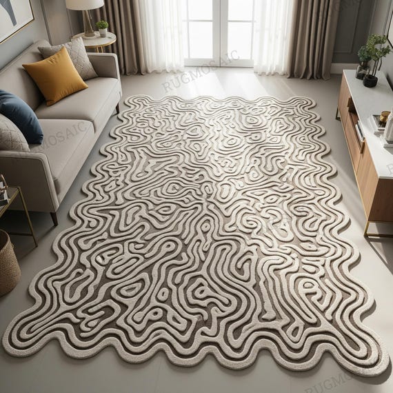 Irregular Off White Brown Wavy Edge Hand Tufted Maze Design 8x10 Living Room Rug, Modern Abstract Unique Texture Wool Area Rugs for Bedroom