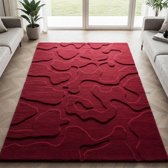 Abstract Deep Red Hand Tufted Organic Shaped Custom Area Wool Rug for Living Room, Modern Handmade Low High Texture 8x10 9x12 Bedroom Rugs
