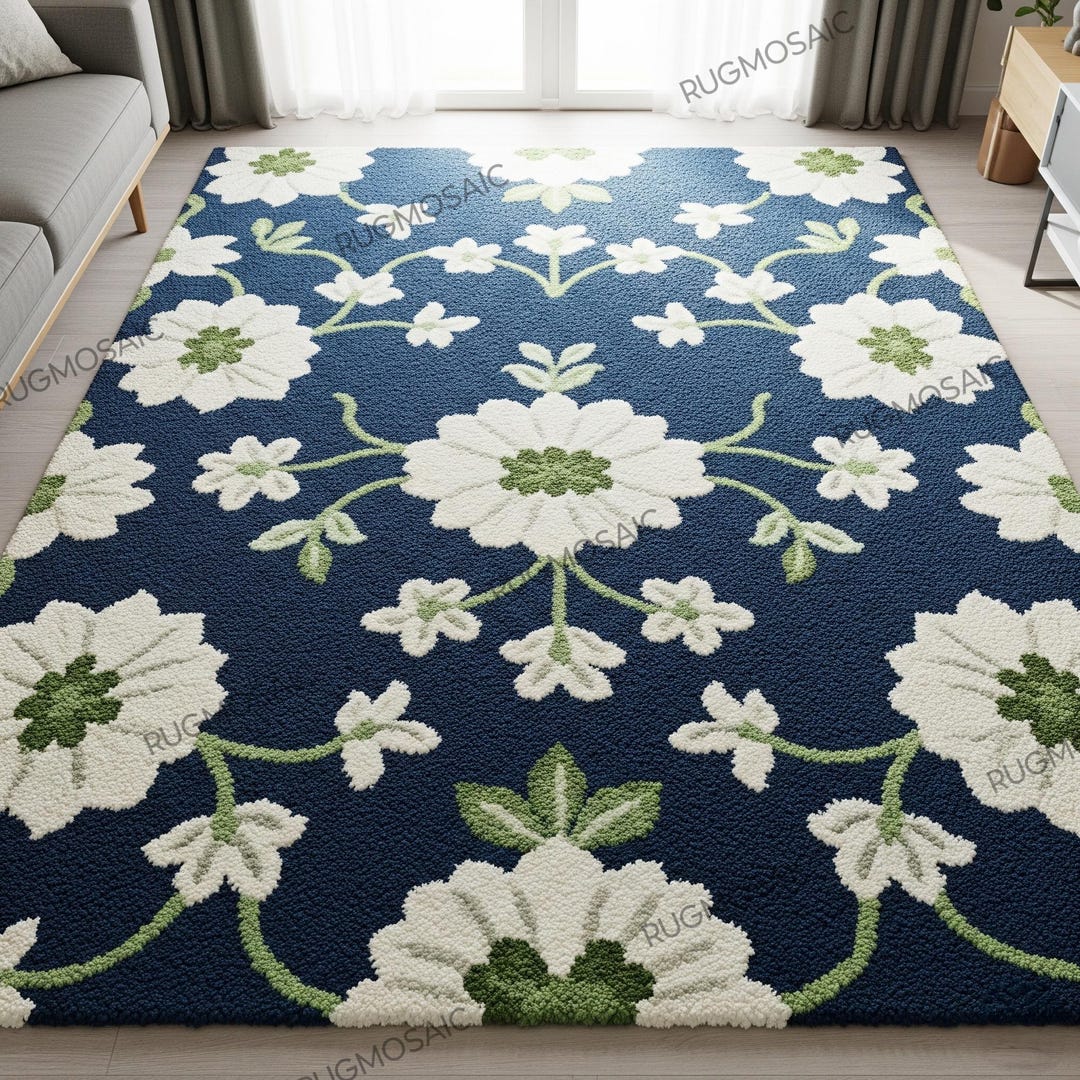 Navy Blue Floral Hand Tufted Wool Rug, White Green Flower Area Rugs for ...