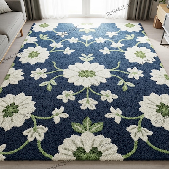 Navy Blue Floral Hand Tufted Wool Rug, White Green Flower Area Rugs for Bedroom, Modern Contemporary 8x10 Living Room Rug, Soft Handmade Rug