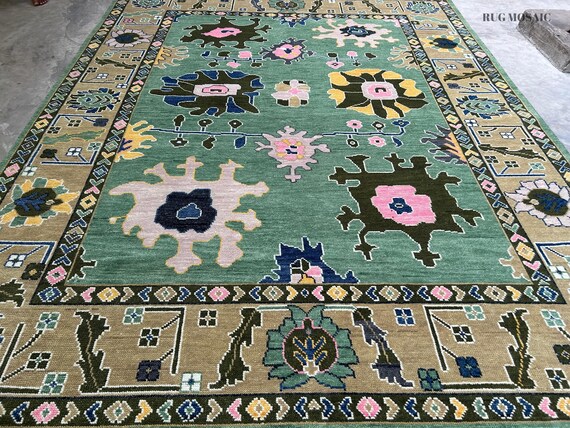Modern Green Floral Oushak Rug Hand Knotted Turkish Area Rugs 8X10, 9X12 livim room , Bedroom and Kitchen Decor Carpet