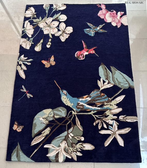 Birdsong Navy Blue Birds Floral Hand Tufted Rug 4x6, 5x7, 6x9, 8x10, 9x12, 10x14 Handmade Area Wool  Rugs for Living room, Bedroom